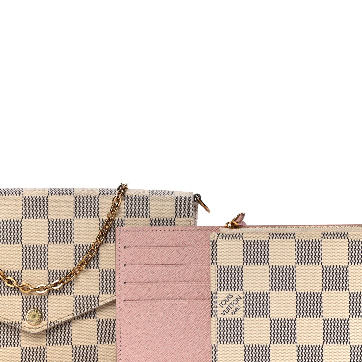 Damier Azur Pochette Felicie Chain Wallet Rose Ballerine