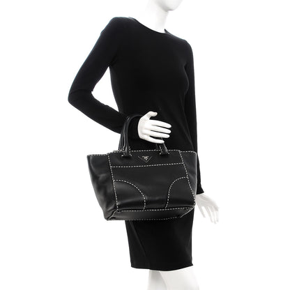 Prada City Calf Small Stitched Twin Pocket Tote Black White 2 of 11