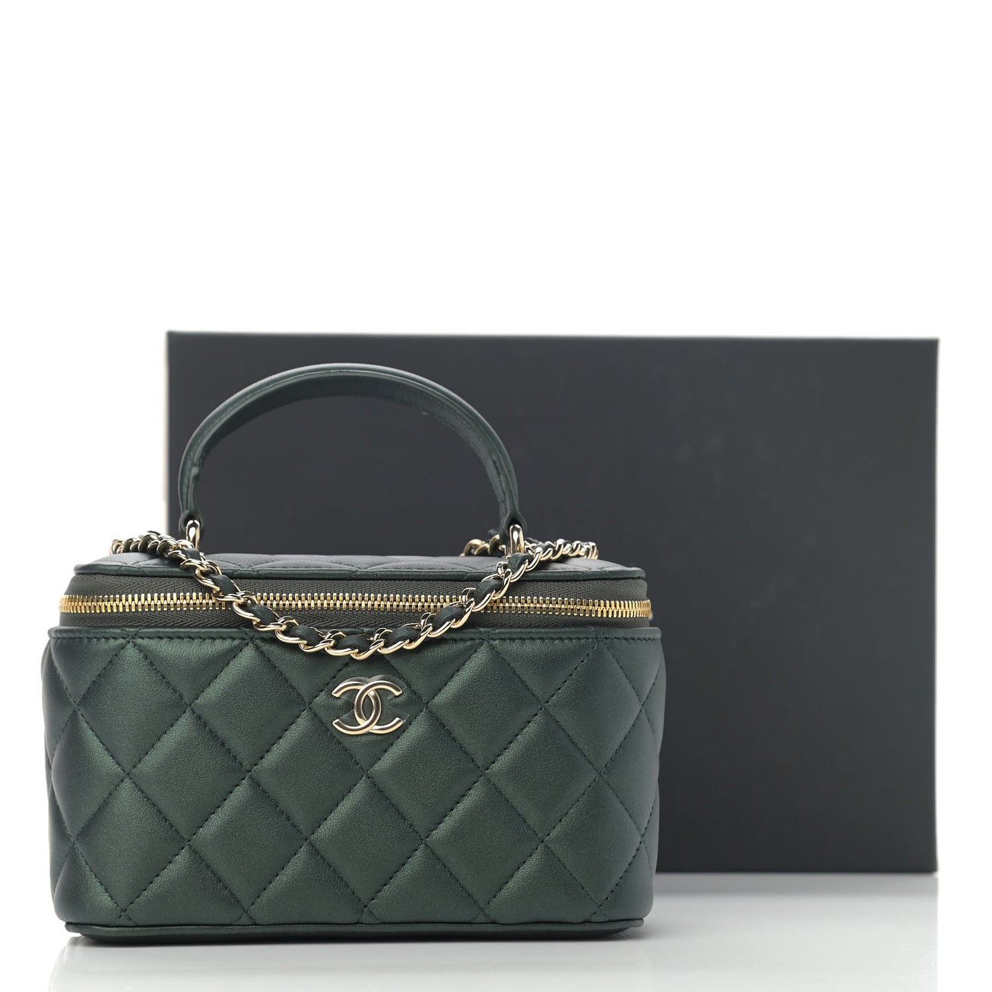 Iridescent Lambskin Quilted Small Top Handle Vanity Case With Chain Dark Green