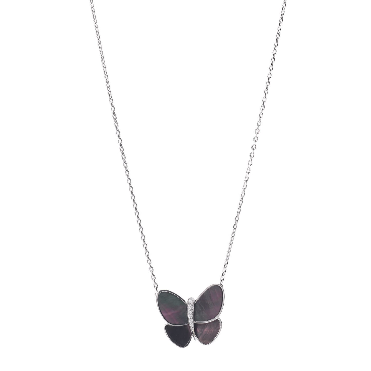 18K White Gold Grey Mother of Pearl Diamond Butterfly Pendant Necklace