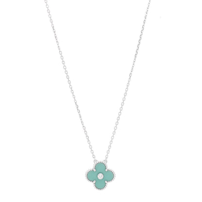 Van Cleef & Arpels 18K White Gold Diamond Celadon Green Sevres Porcelain Vintage Alhambra Pendant Necklace 1 of 4
