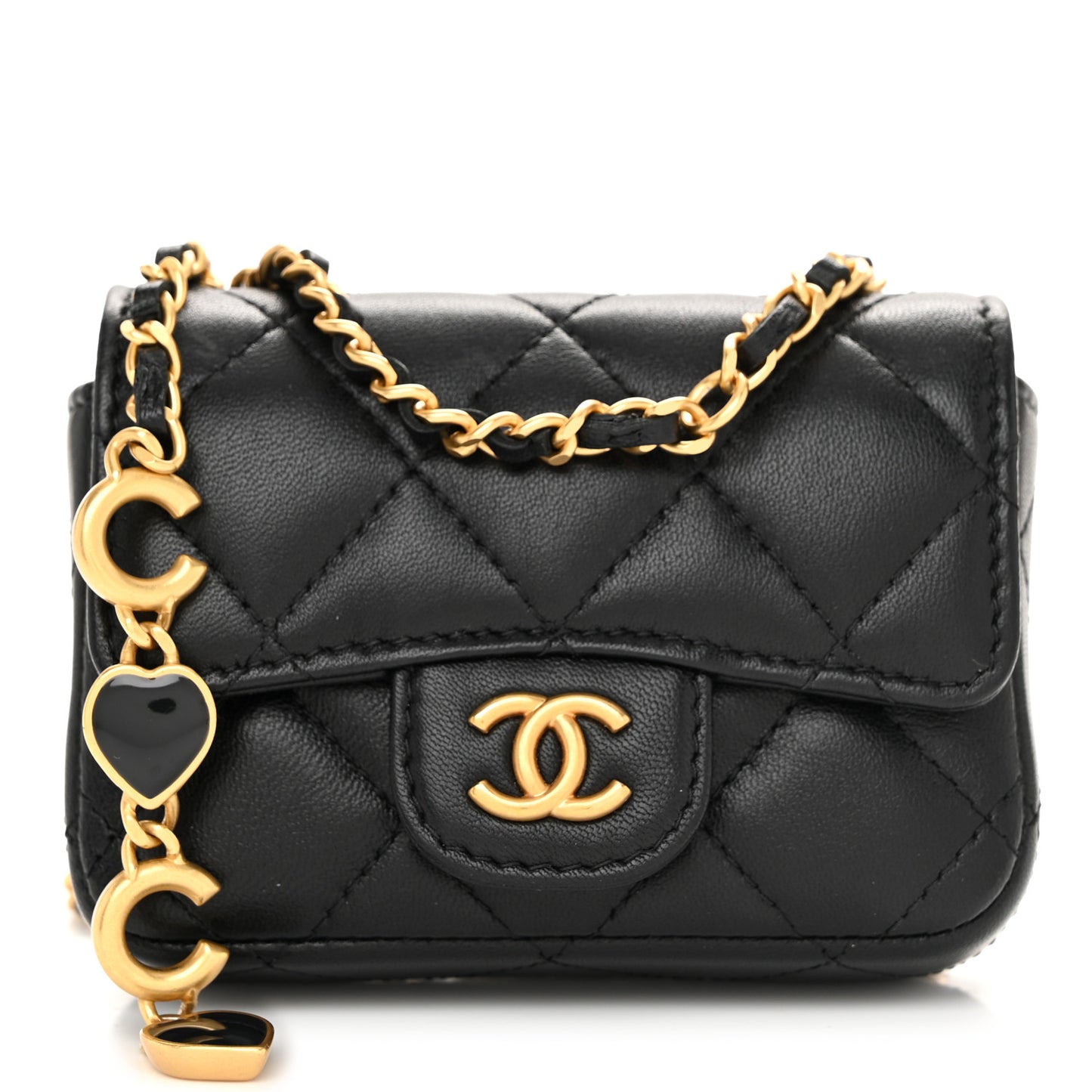 Lambskin Coco Enamel Quilted Mini Chain Belt Bag Black