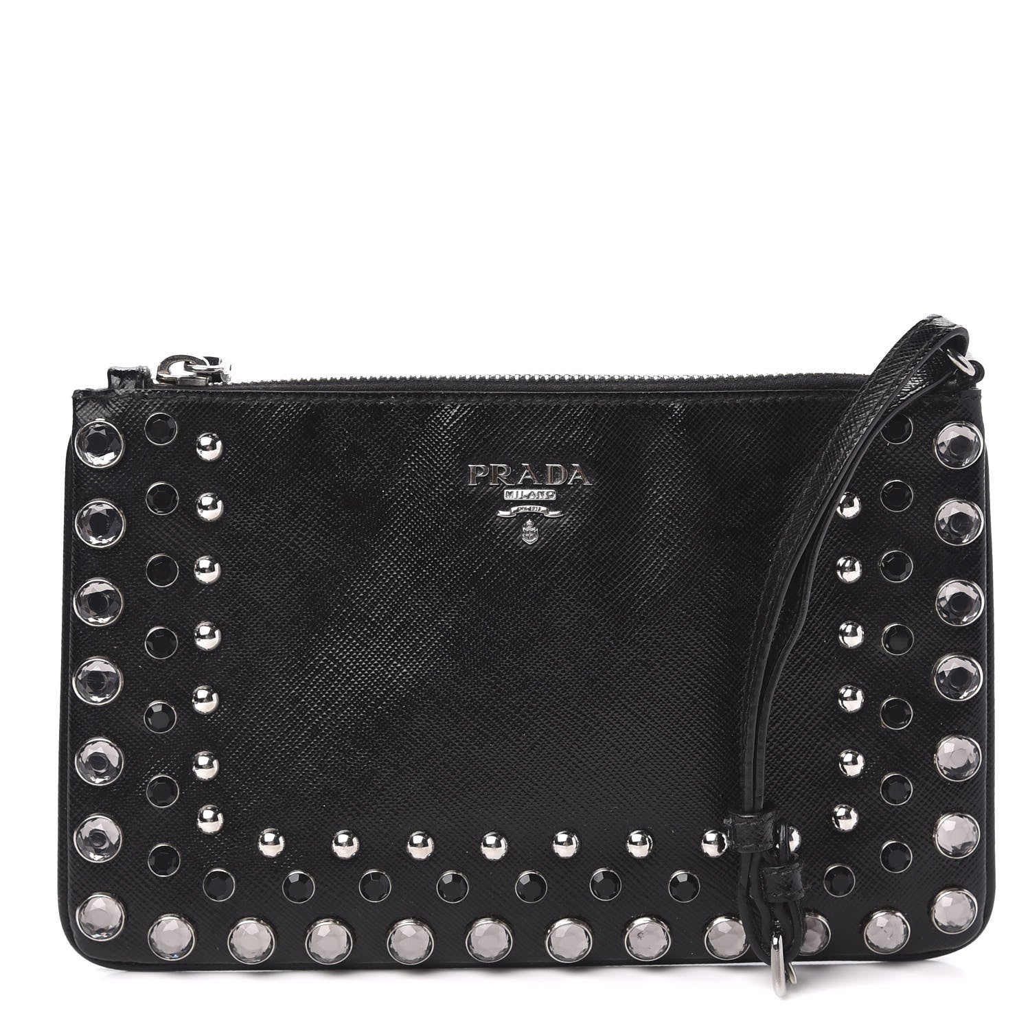 Prada Saffiano Vernice Crystal Studded Clutch Wristlet Black 1 of 8
