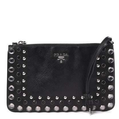 Prada Saffiano Vernice Crystal Studded Clutch Wristlet Black 1 of 8