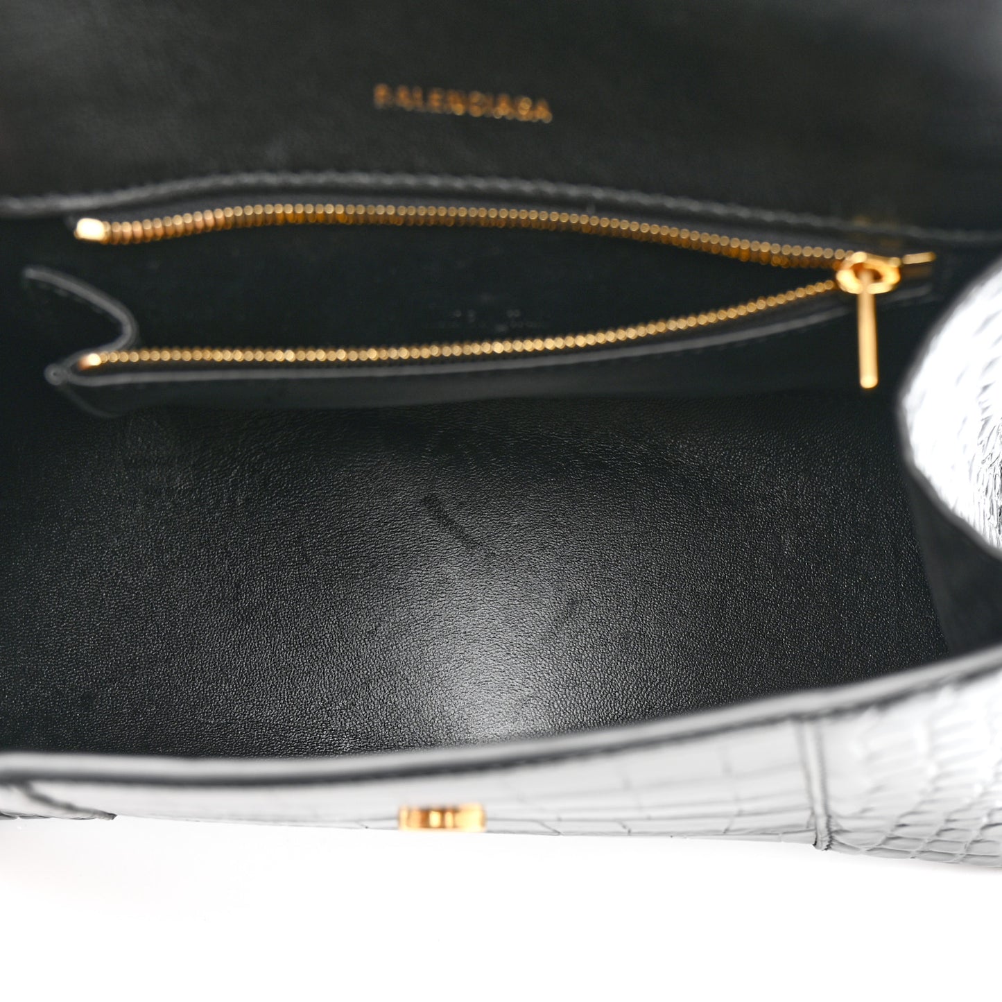 Shiny Calfskin Crocodile Embossed Small Hourglass Top Handle Bag Black