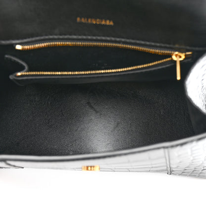 Balenciaga Shiny Calfskin Crocodile Embossed Small Hourglass Top Handle Bag Black 5 of 13