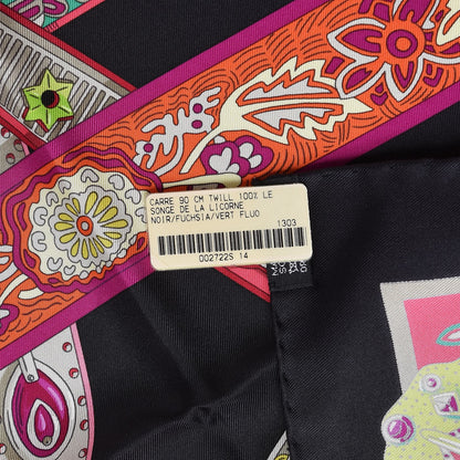 Hermes Silk Le Songe De La Licorne Scarf 90 Black Fuchsia Vert Fluo 3 of 3