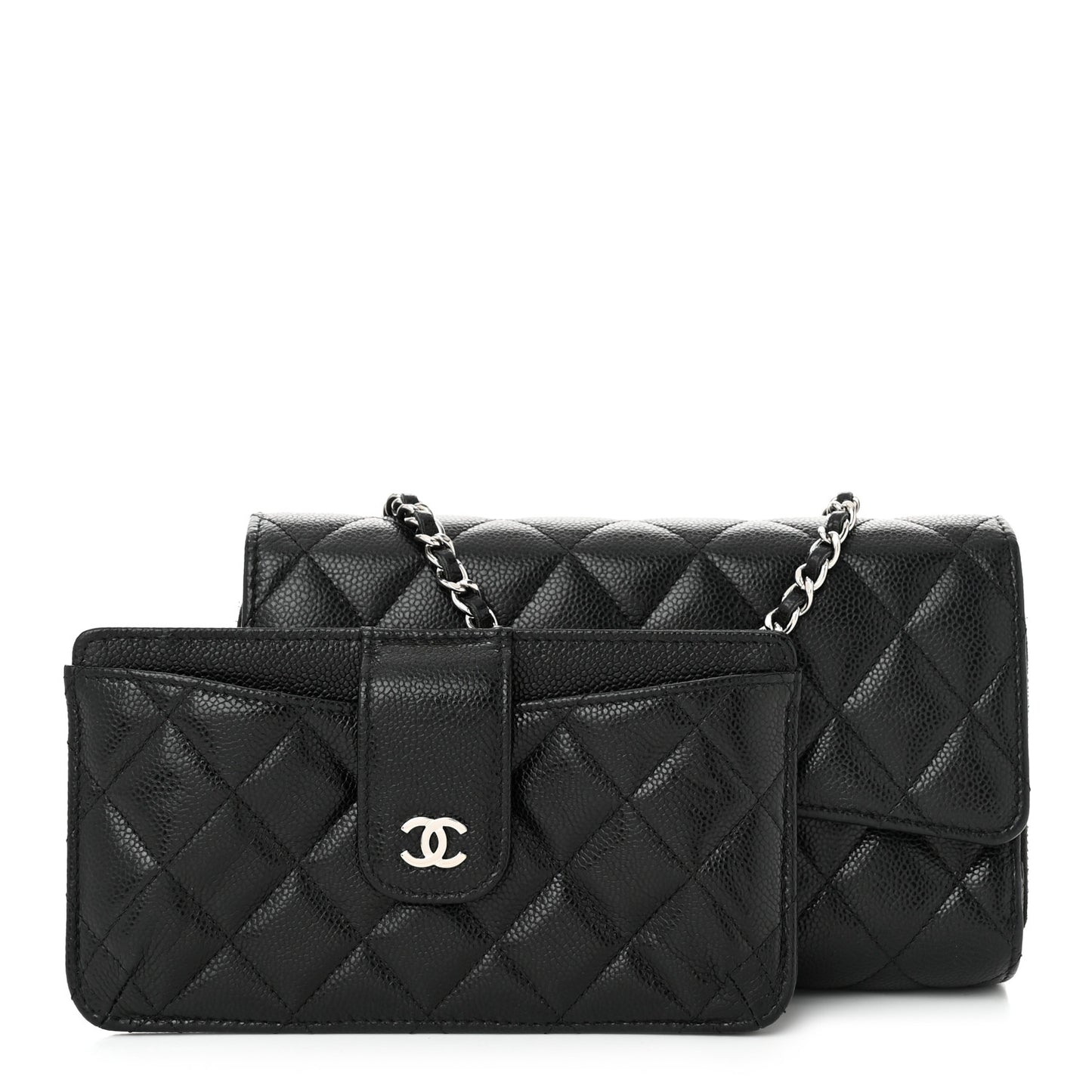 Caviar Quilted Phone Holder Wallet on Removable Chain Black