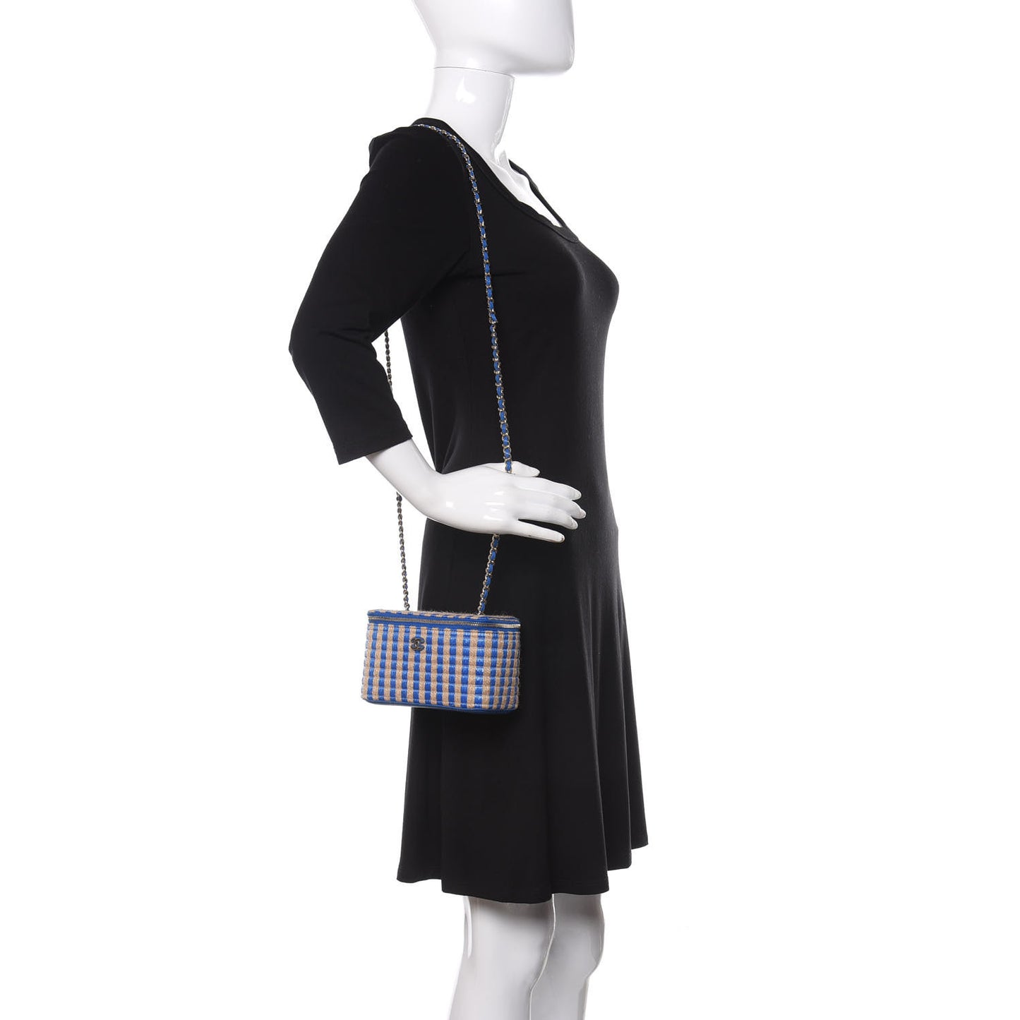 Raffia Jute Striped Small Vanity Case With Chain Blue Beige