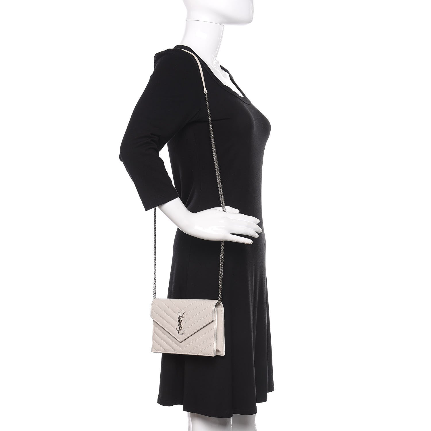 Saint Laurent Grain De Poudre Matelasse Chevron Monogram Envelope Chain Wallet Optical White 2 of 8