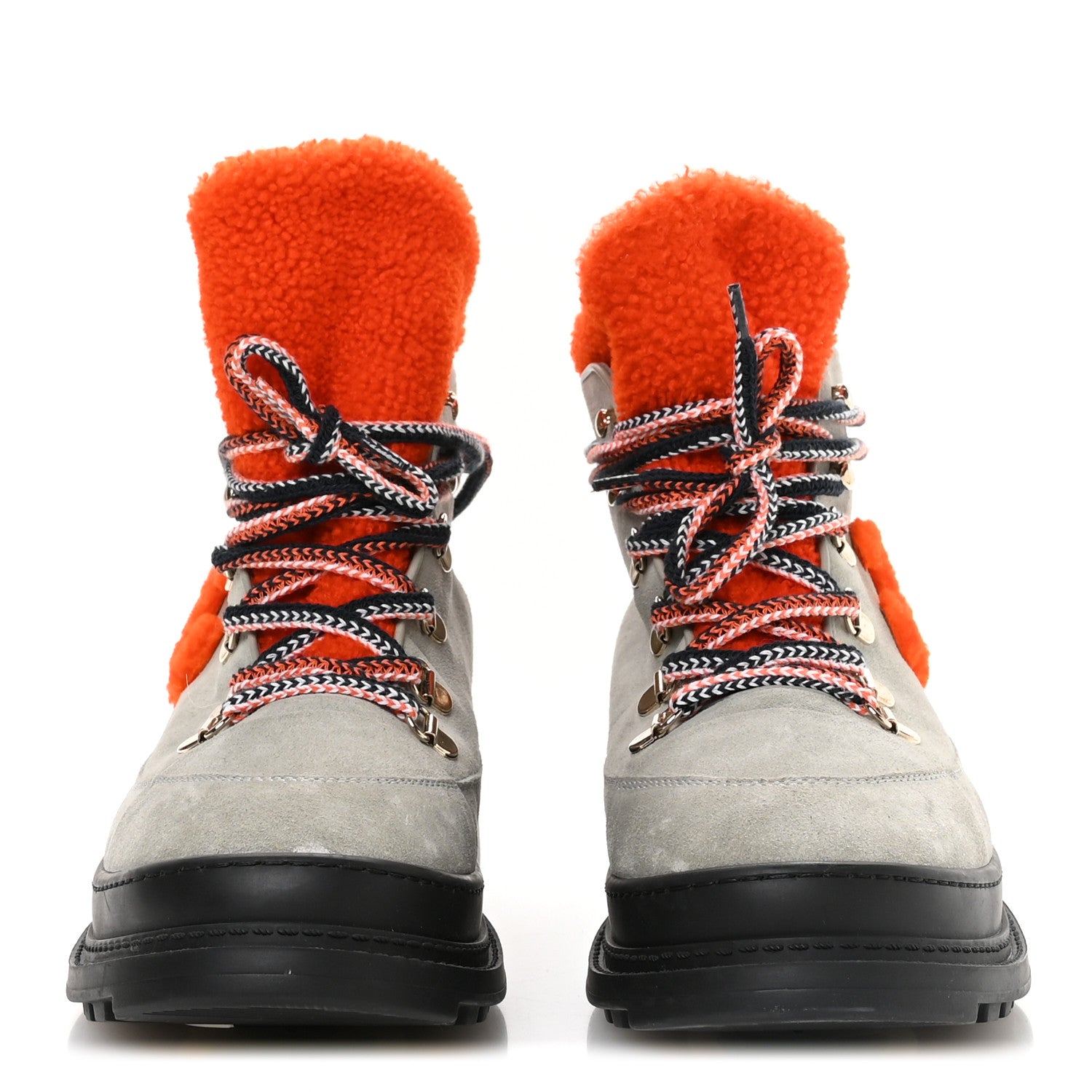 Chanel Suede Calfskin Shearling CC Lace Up Boots 40.5 Grey Orange Black 3 of 8