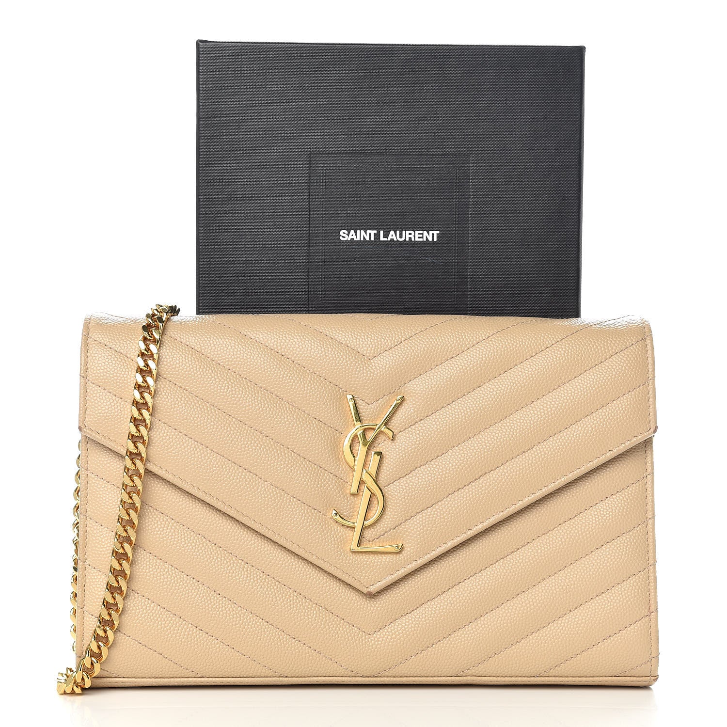 Saint Laurent Grain De Poudre Matelasse Chevron Monogram Chain Wallet Nude Powder 12 of 12