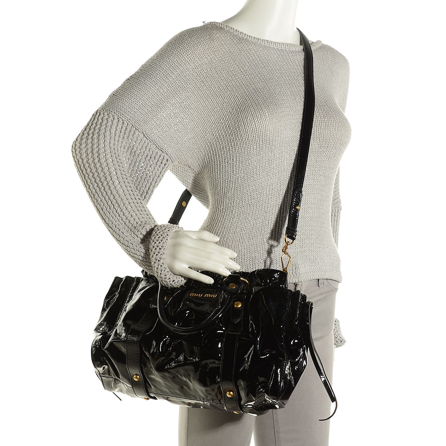 Miu Miu Vernice Patent Gathered Tote Black 2 of 8