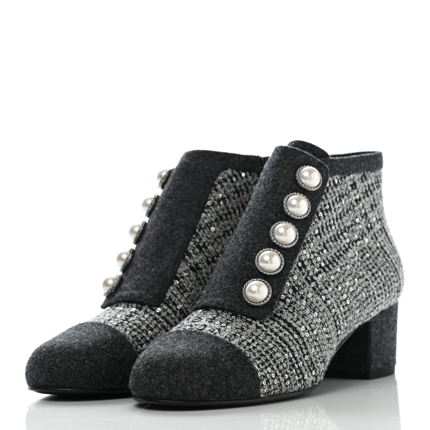 Tweed Pearl Cap Toe Short Boot 37 Ecru Black Grey