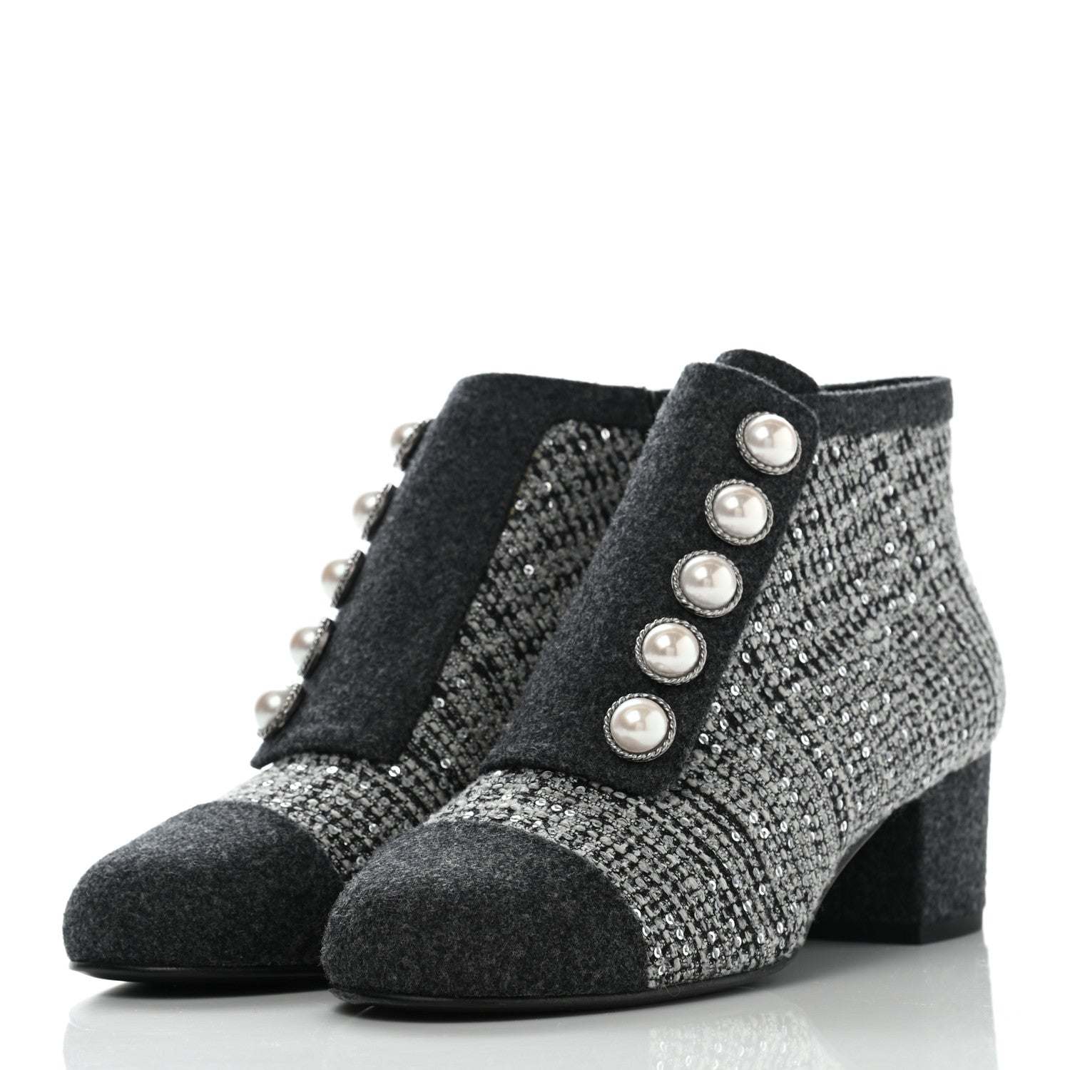 Chanel Tweed Pearl Cap Toe Short Boot 37 Ecru Black Grey 3 of 8