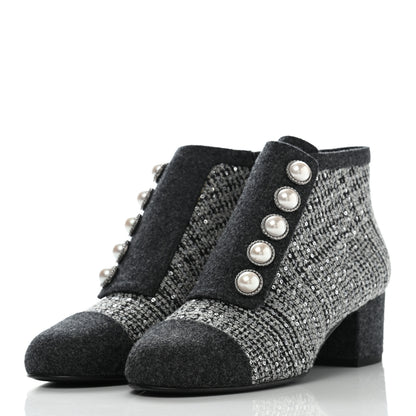 Chanel Tweed Pearl Cap Toe Short Boot 37 Ecru Black Grey 3 of 8