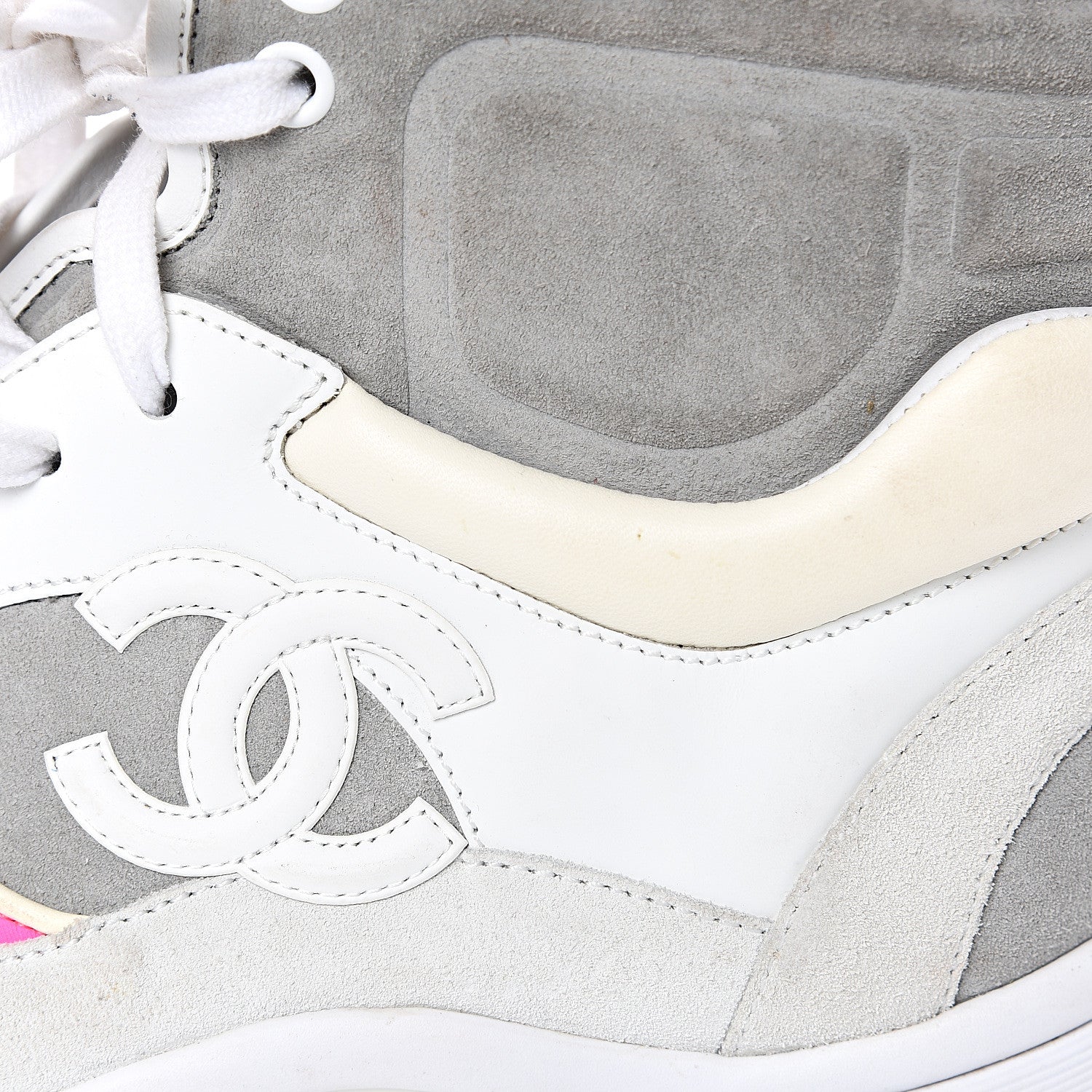 Chanel Suede Calfskin Lambskin Neoprene High Top CC Sneakers 39 White Grey Fluo Pink 9 of 11