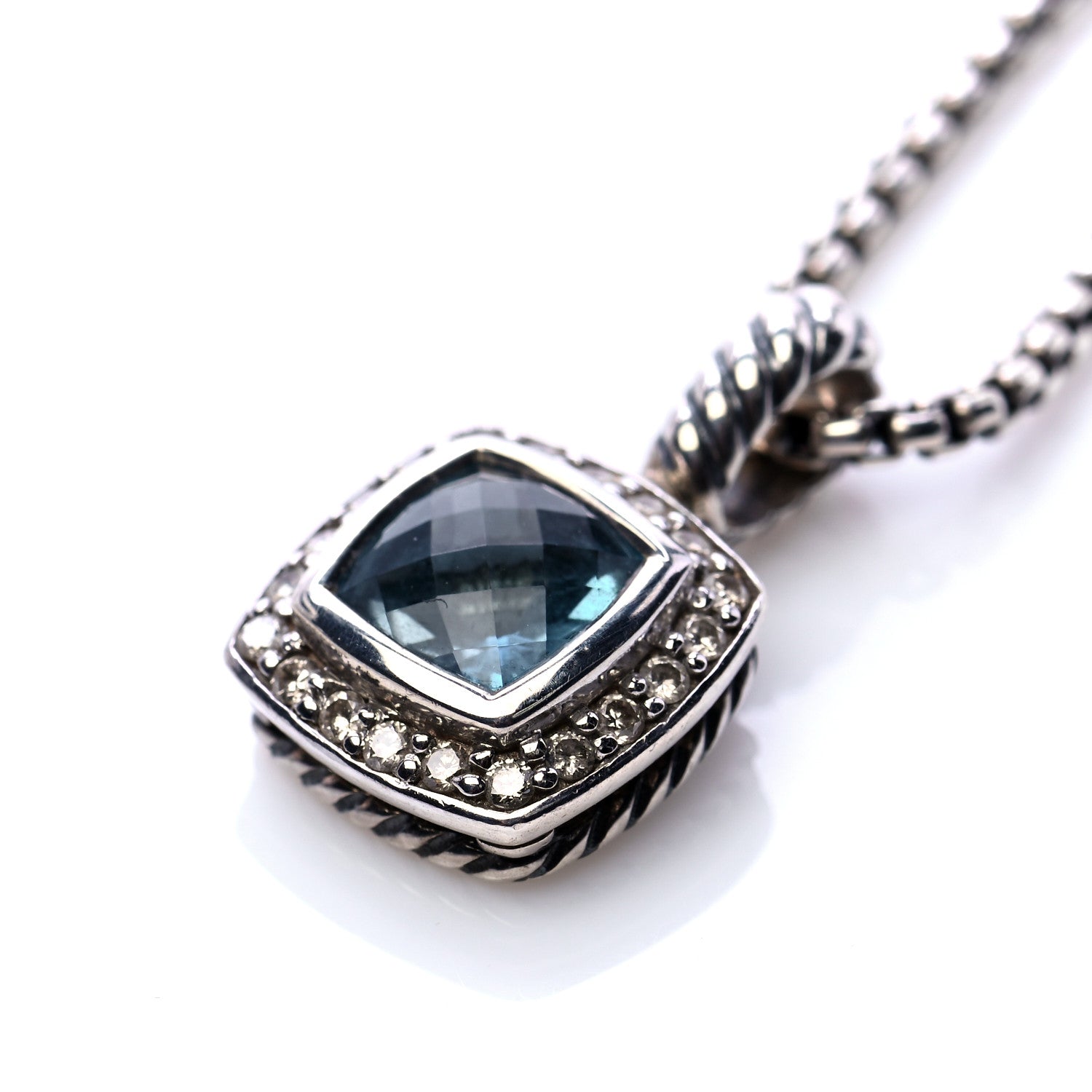 David Yurman Sterling Silver Diamond Hampton Blue Topaz 7mm Petite Albion Pendant Necklace 4 of 7