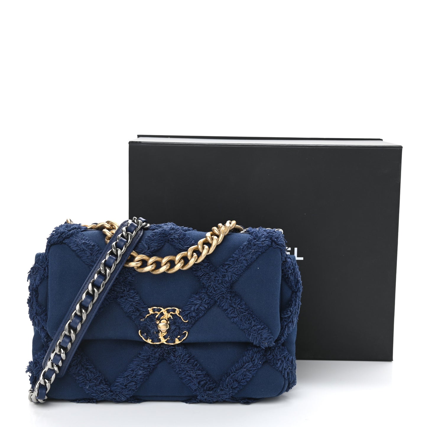 Cotton Canvas Quilted Medium Chanel 19 Flap Navy Blue