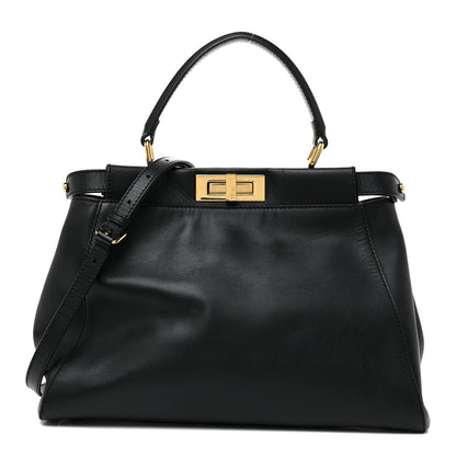 Fendi Vitello Morgan Fabric Jacquard Pequin Medium Peekaboo Iconic Satchel Black Tobacco 1 of 27