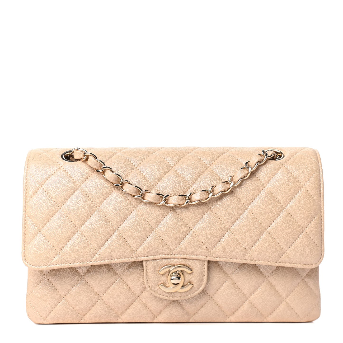 Iridescent Caviar Quilted Medium Double Flap Dark Beige