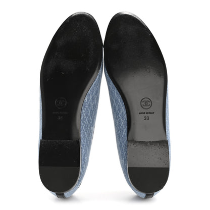Chanel Denim Printed Quilt CC Cap Toe Ballerina Flats 38 Light Blue Dark Grey 6 of 9