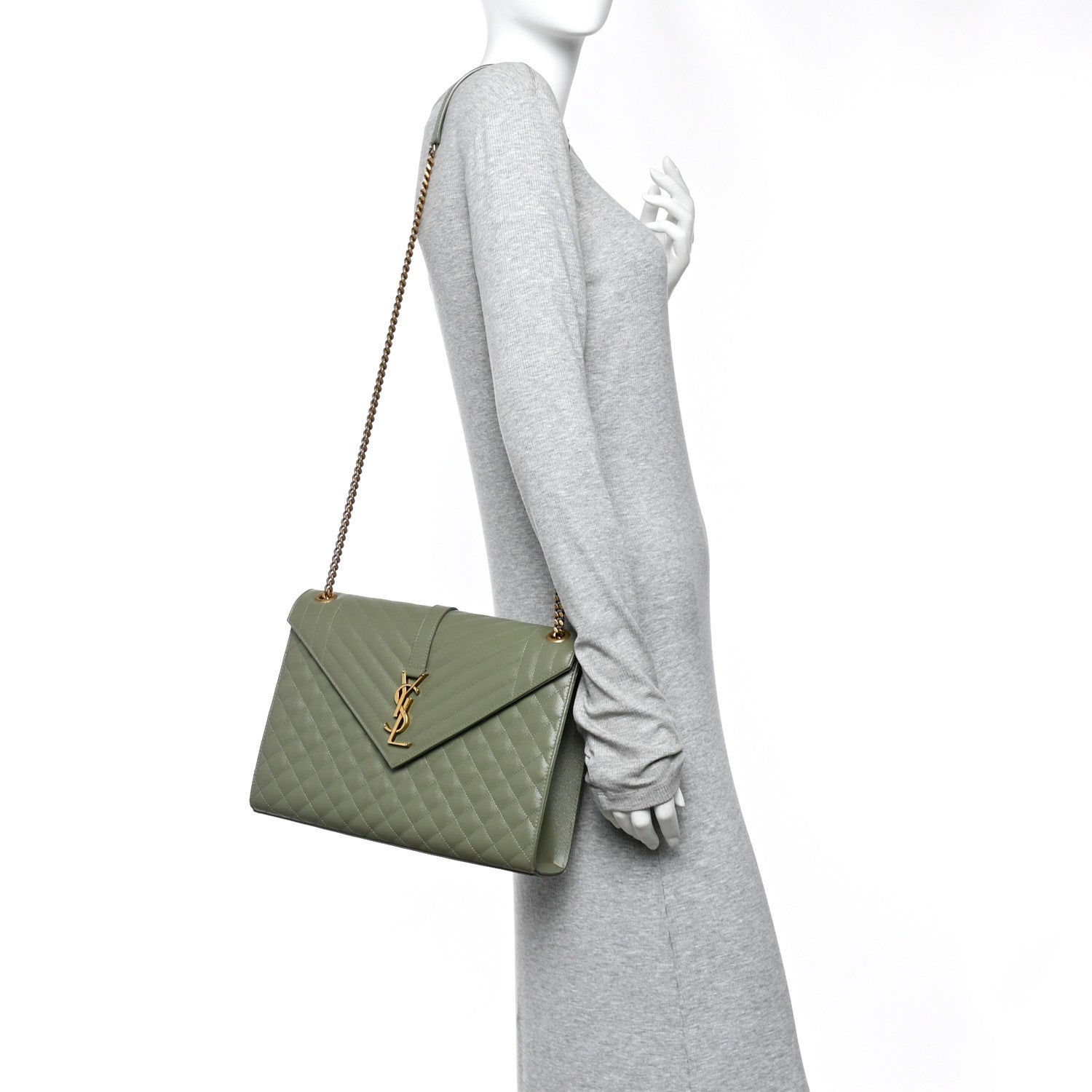 Saint Laurent Grain De Poudre Textured Mixed Matelasse Large Triquilt Monogram Satchel Light Sage 2 of 12