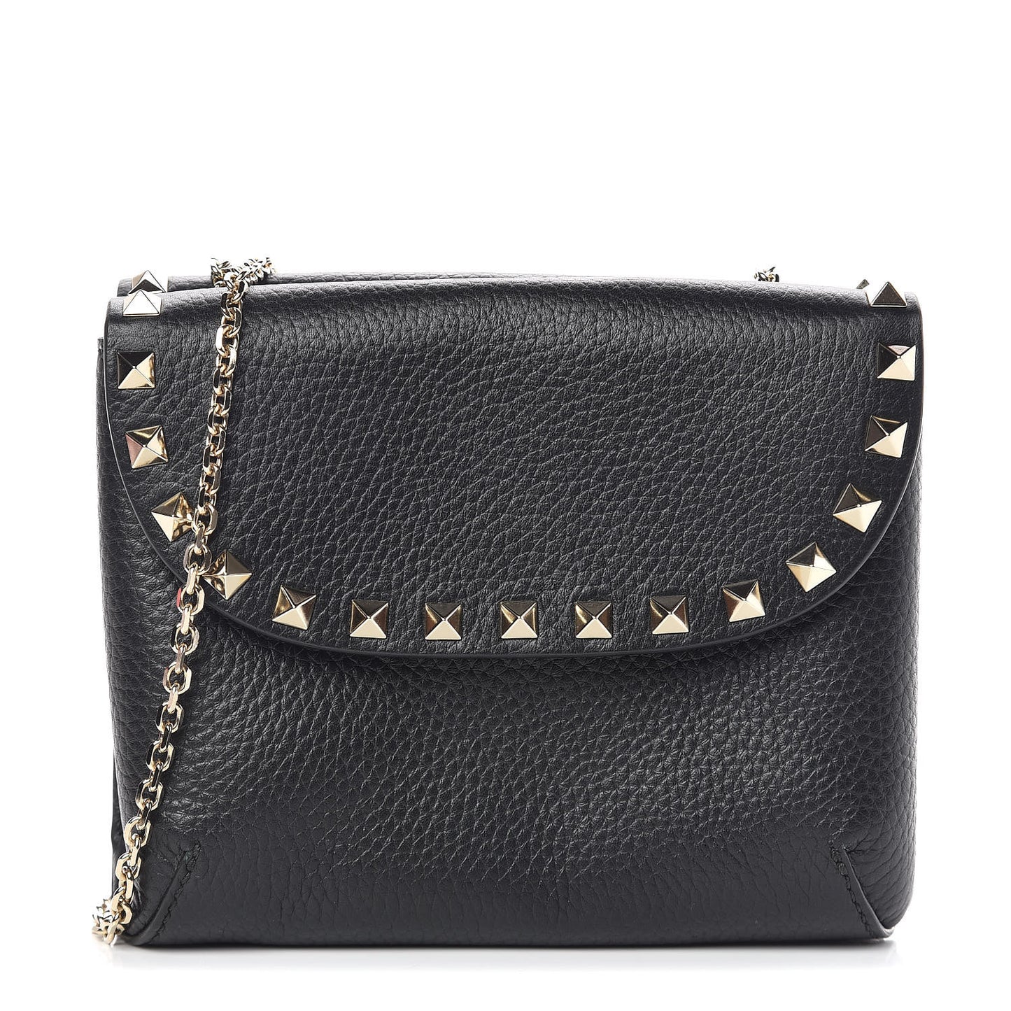 Pebbled Calfskin Rockstud Pouch On Chain Black
