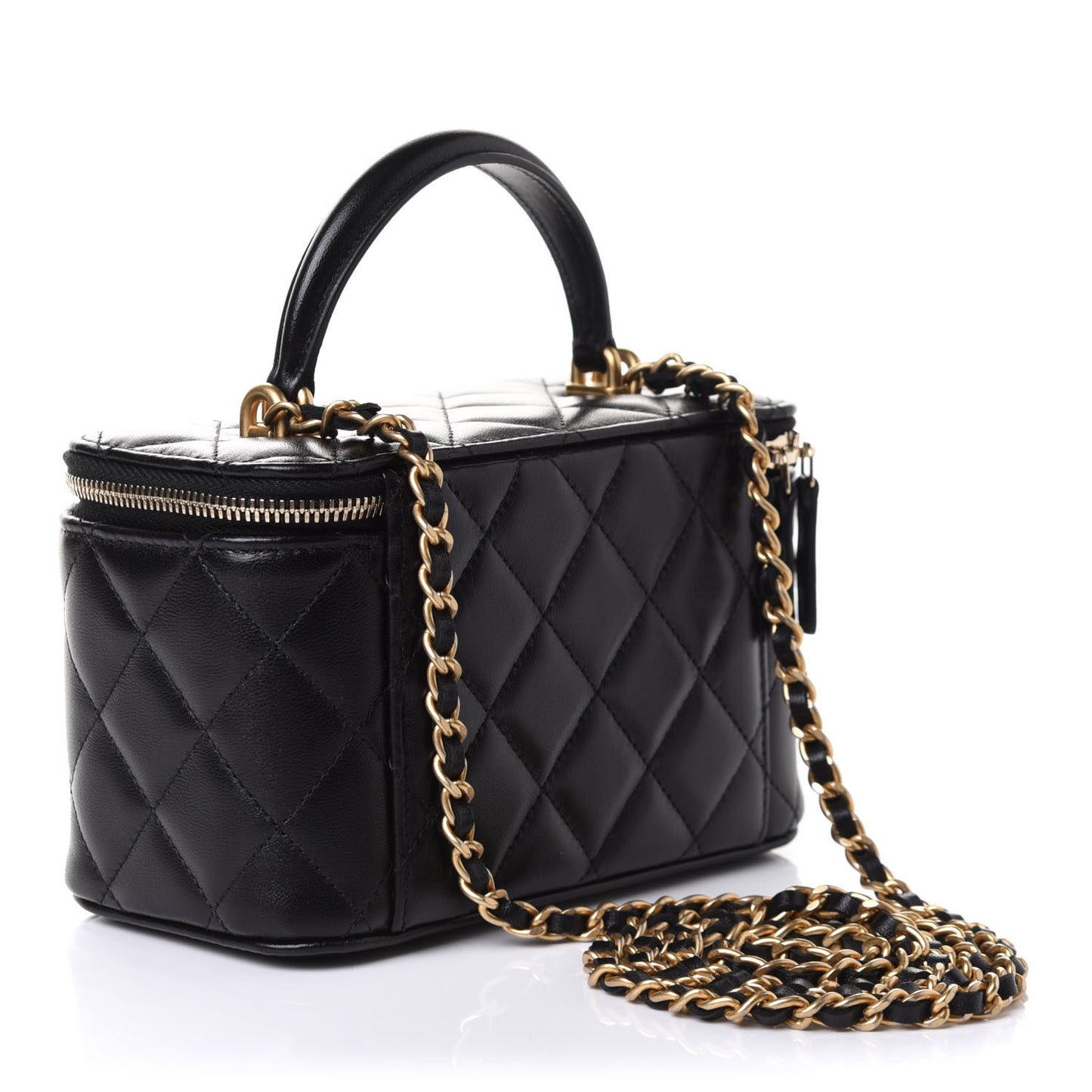 Lambskin Quilted Small Top Handle Vanity Case With Chain Black