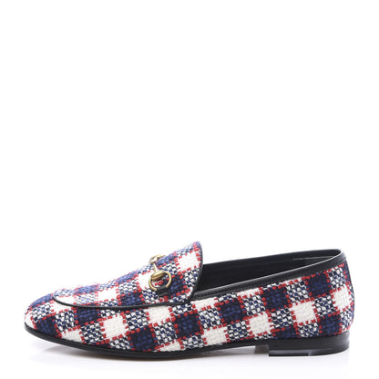 Gucci Vintage Tweed Check Horsebit Womens Jordaan Loafers 39 White Hibiscus Red Marine 1 of 11