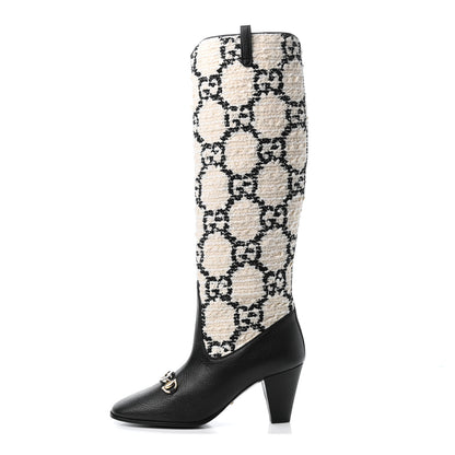 Gucci Tweed GG Monogram Wrinkled Kid Zumi Knee Boots 37.5 Natural Black 1 of 4