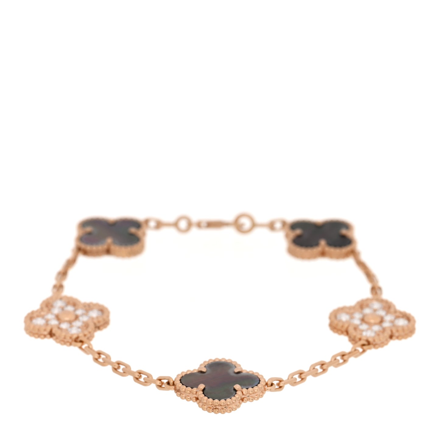 18K Rose Gold Diamond Gray Mother of Pearl 5 Motifs Vintage Alhambra Bracelet