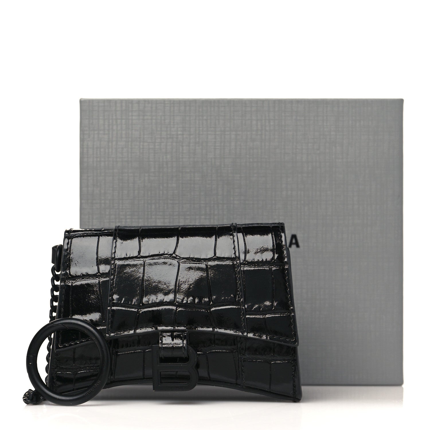 Balenciaga Shiny Calfskin Monochrome Crocodile Embossed Hourglass Chain Cardholder Black 10 of 10