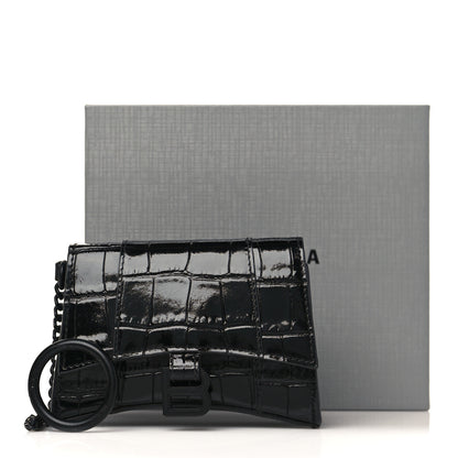 Balenciaga Shiny Calfskin Monochrome Crocodile Embossed Hourglass Chain Cardholder Black 10 of 10