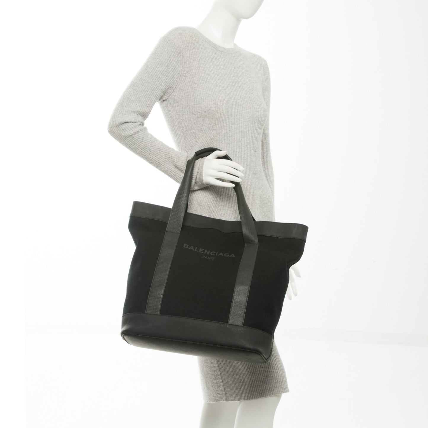 Rubber Calfskin Canvas Navy Tote Black