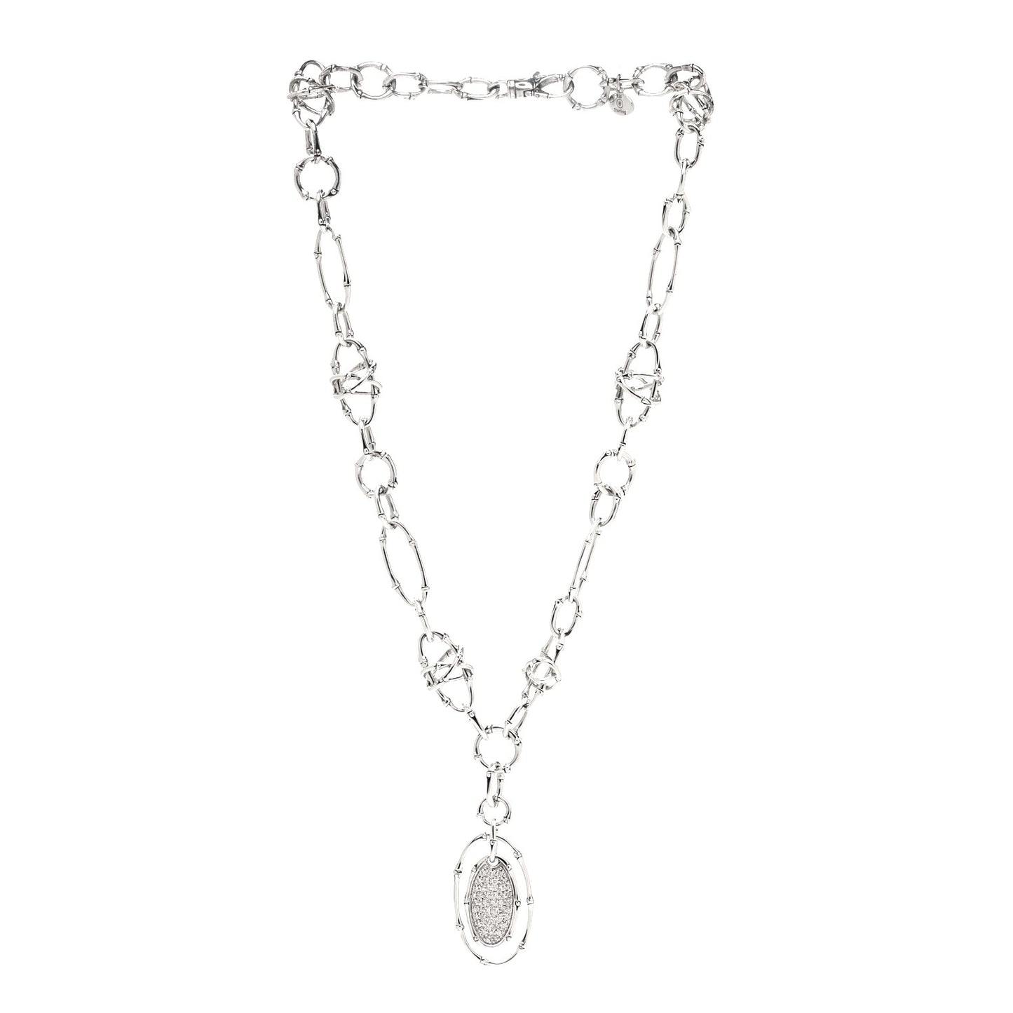 Sterling Silver Diamond Bamboo Oval Pendant Necklace
