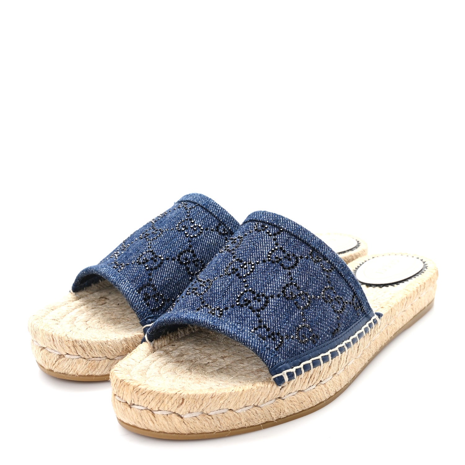 Gucci Denim Crystals GG Monogram Espadrille 20mm Slide Sandals 39