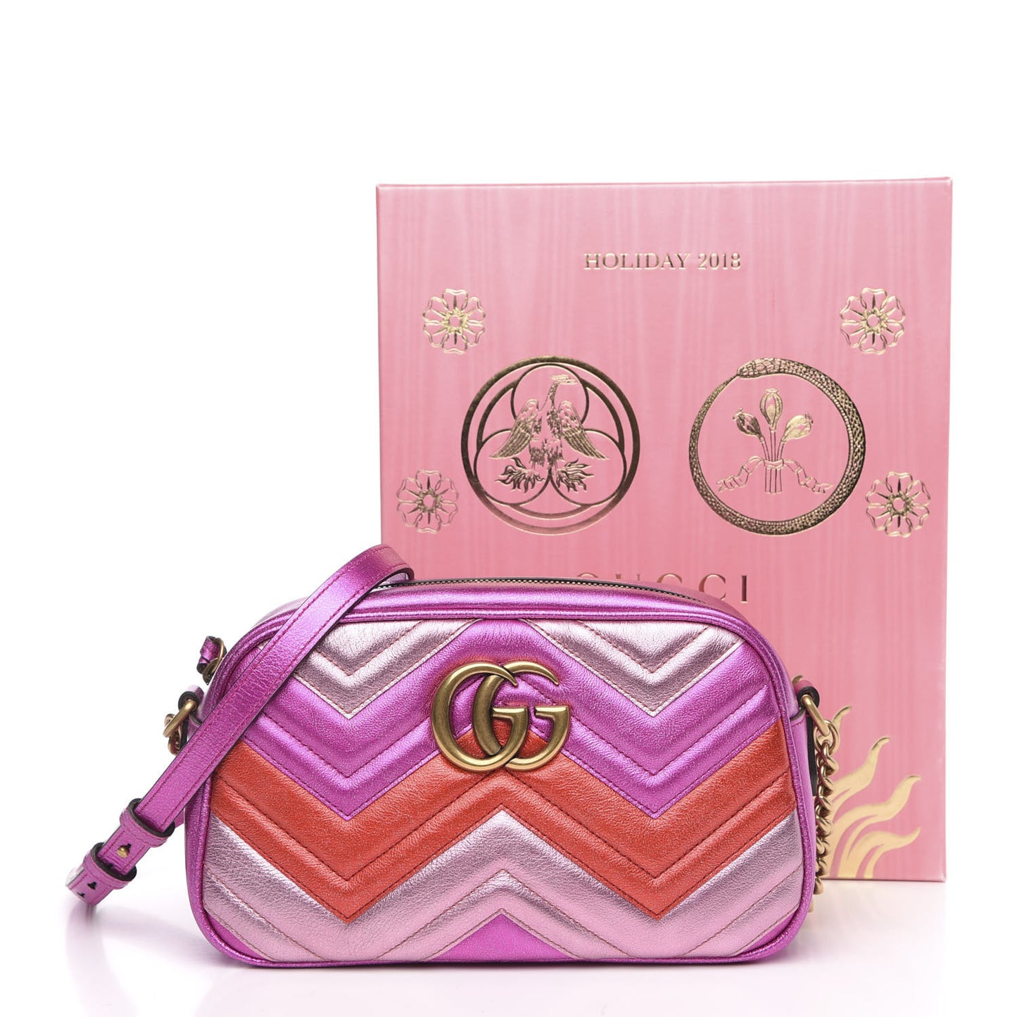 Laminated Nappa Matelasse Small GG Marmont Chain Shoulder Bag Fuxia Rosso Rosa