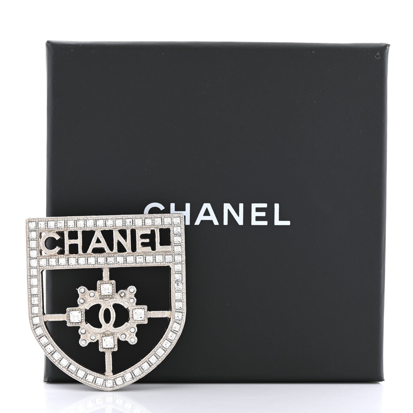 Swarovski Baguette Crystal CC Shield Brooch Silver