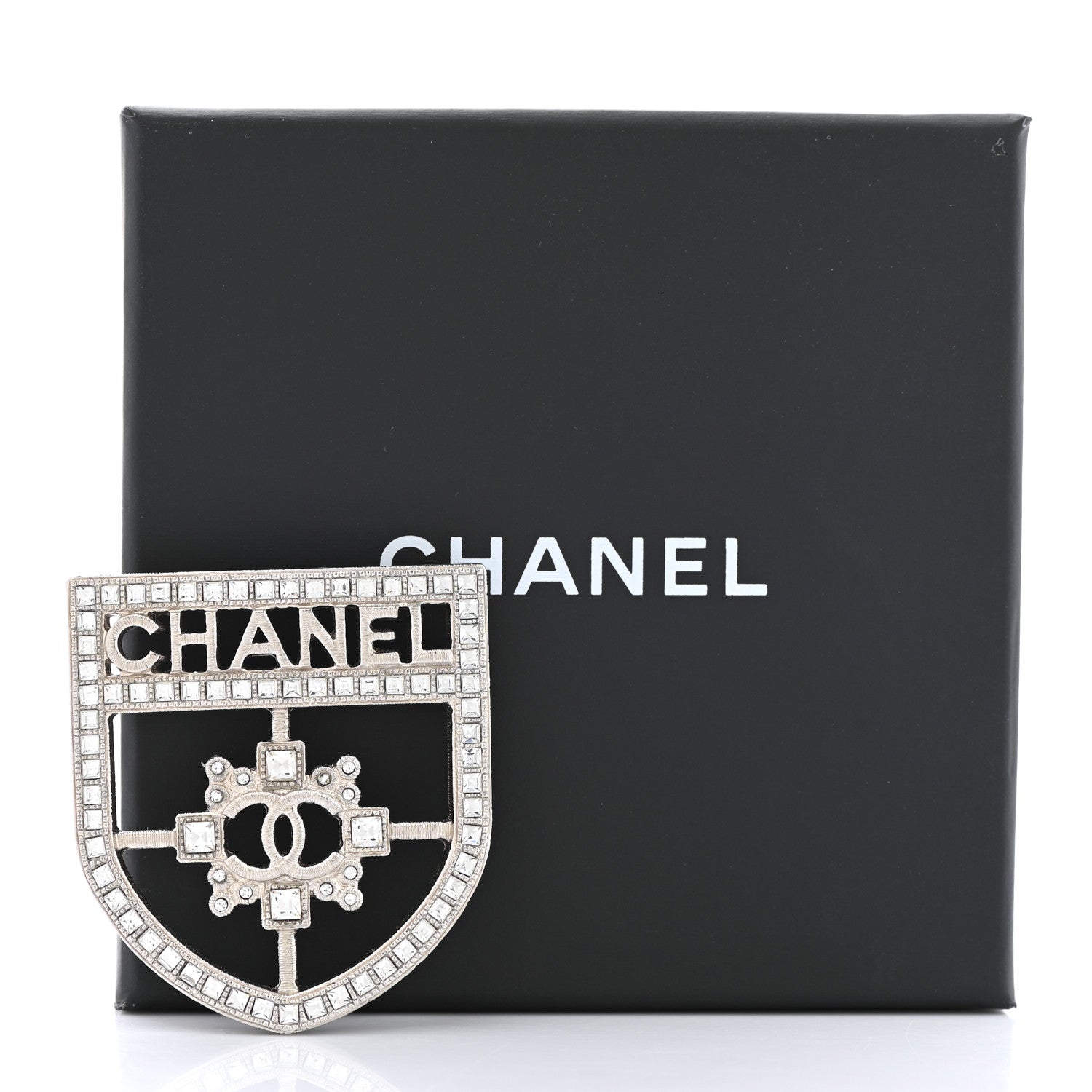 Chanel Swarovski Baguette Crystal CC Shield Brooch Silver 5 of 5