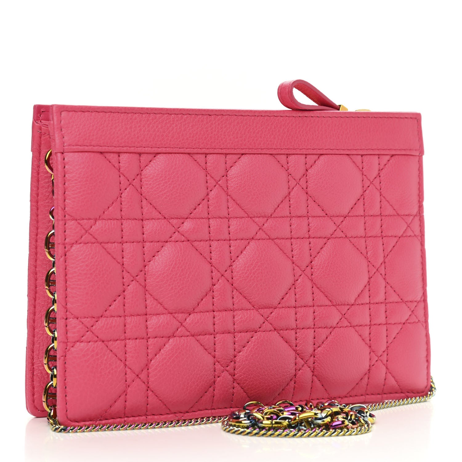 Christian Dior Calfskin Cannage Caro Zipped Pouch With Chain Warm Fuchsia 3 of 9