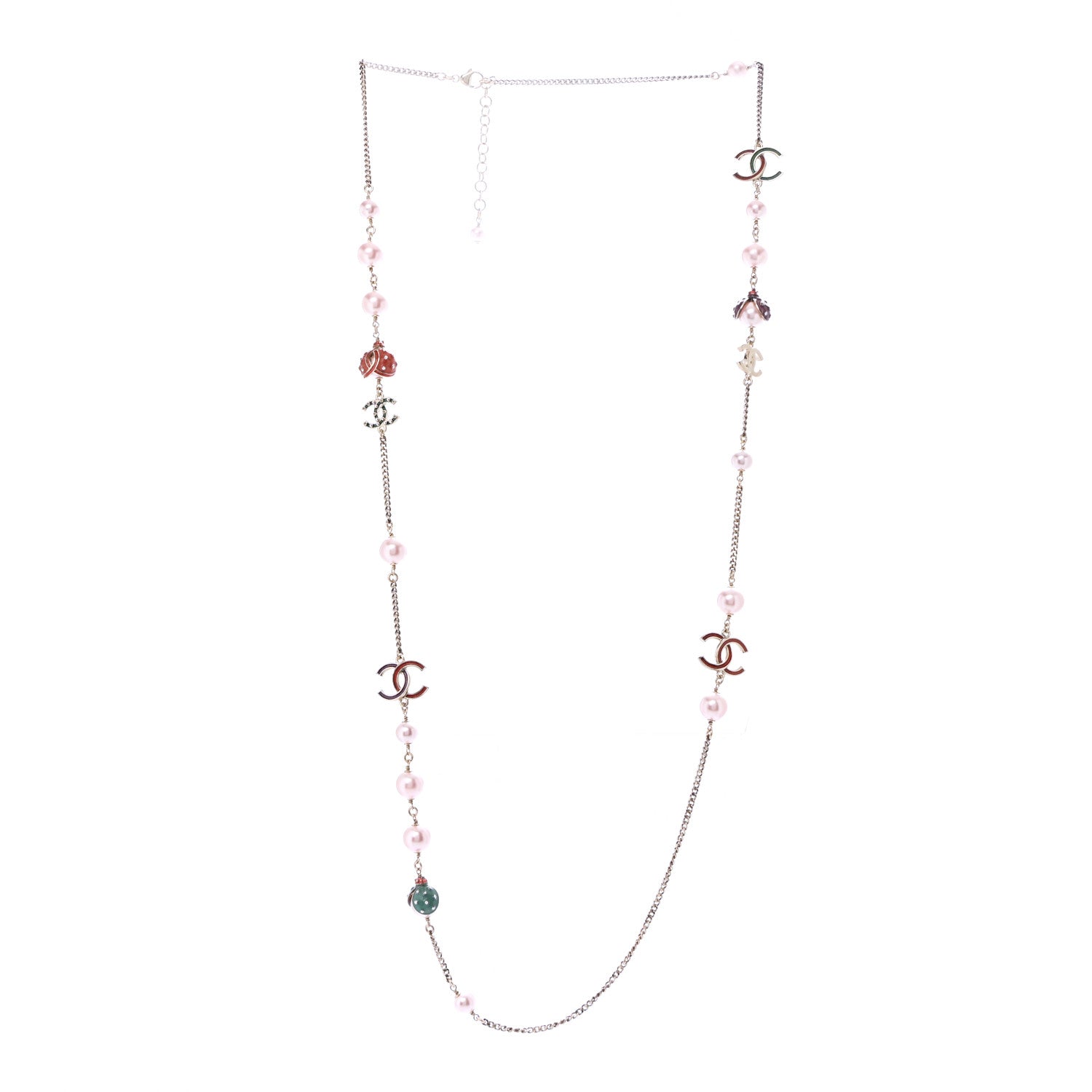 Chanel Pearl Crystal Resin CC Beaded Long Necklace Gold Pink Green 3 of 7
