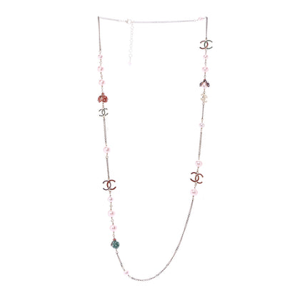 Chanel Pearl Crystal Resin CC Beaded Long Necklace Gold Pink Green 3 of 7