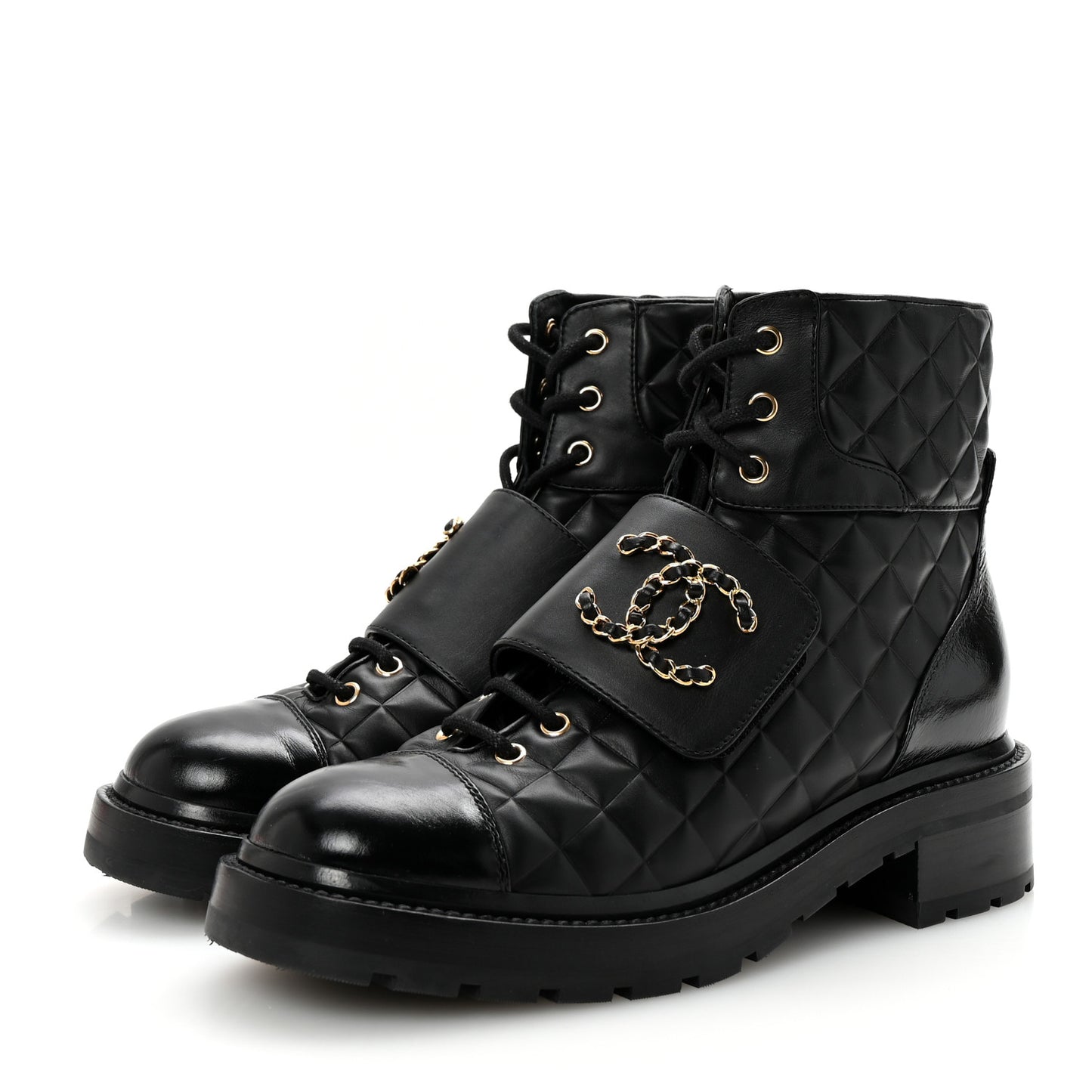 Shiny Calfskin Quilted Lace Up Combat Boots 40.5 Black