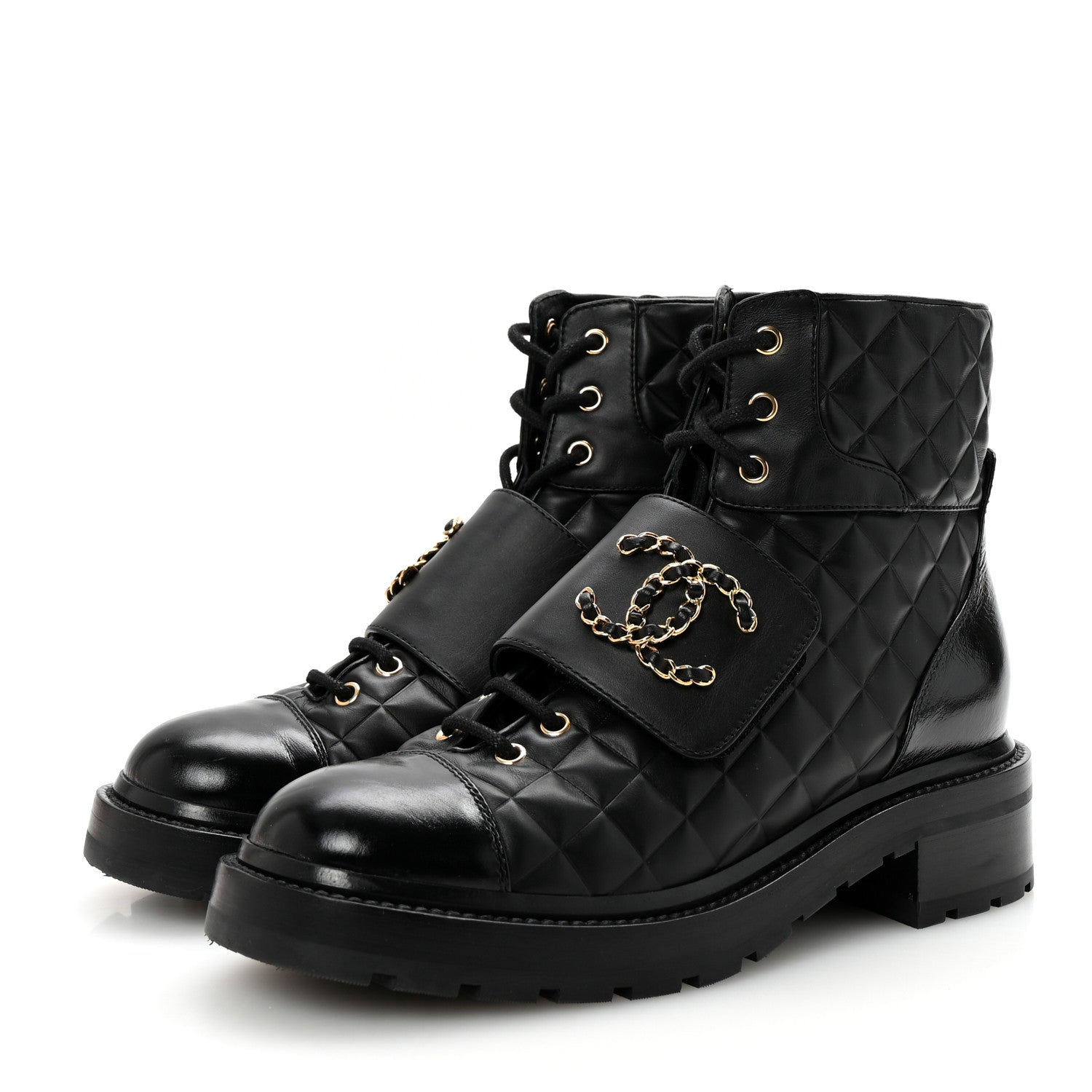 Chanel Shiny Calfskin Quilted Lace Up Combat Boots 40.5 Black 4 of 10