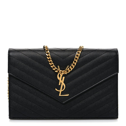 Saint Laurent Grain De Poudre Matelasse Chevron Monogram Chain Wallet Black 1 of 11