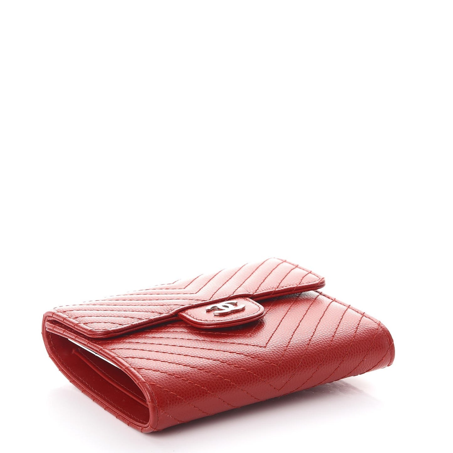 Caviar Chevron Quilted Compact Flap Wallet Dark Red