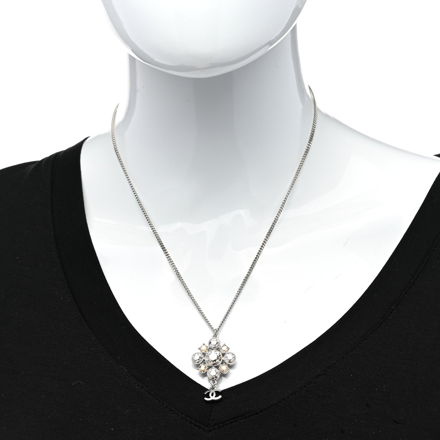 Chanel Crystal CC Drop Pendant Necklace Silver 2 of 6
