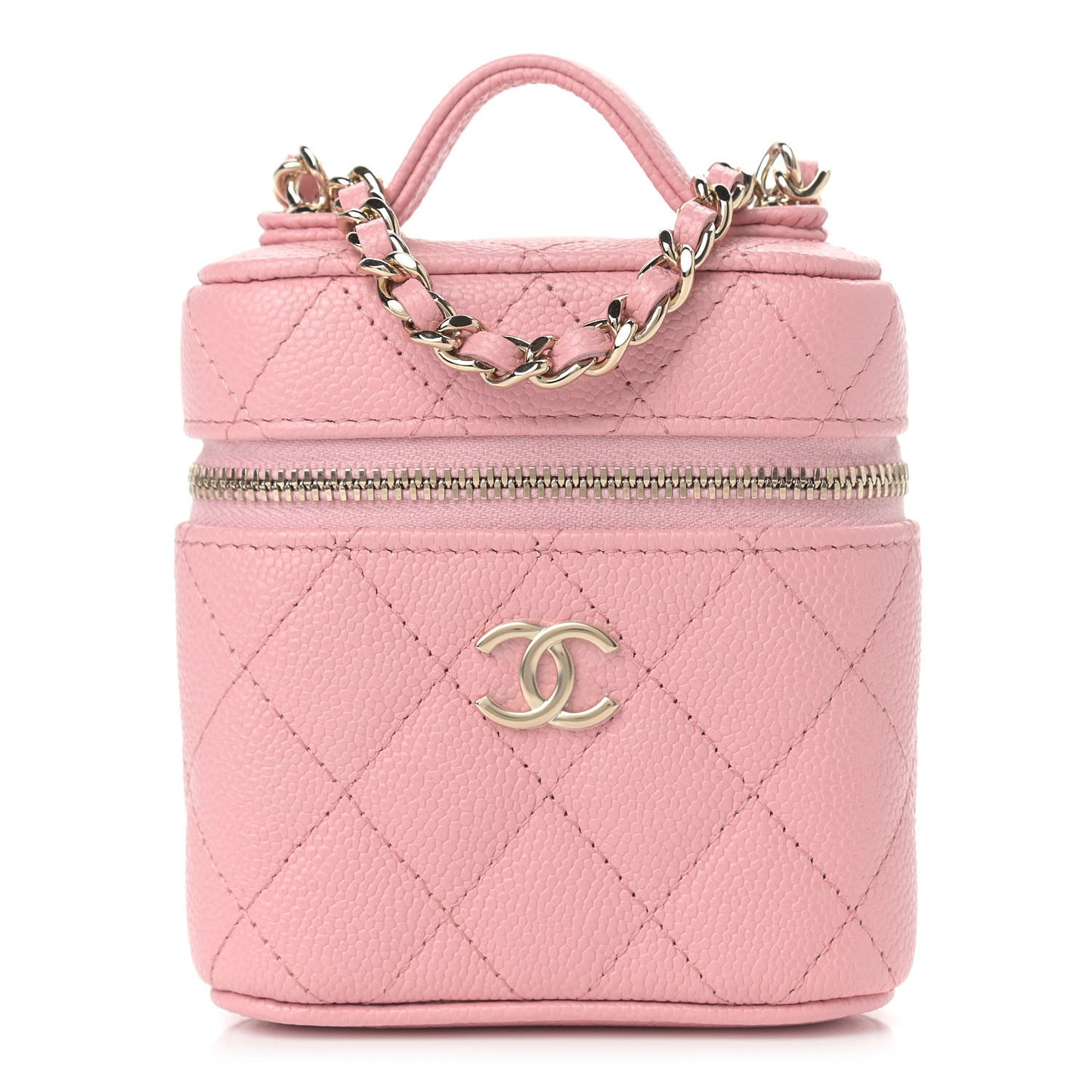 Caviar Quilted Small Handle With Care Vanity Case With Chain Pink