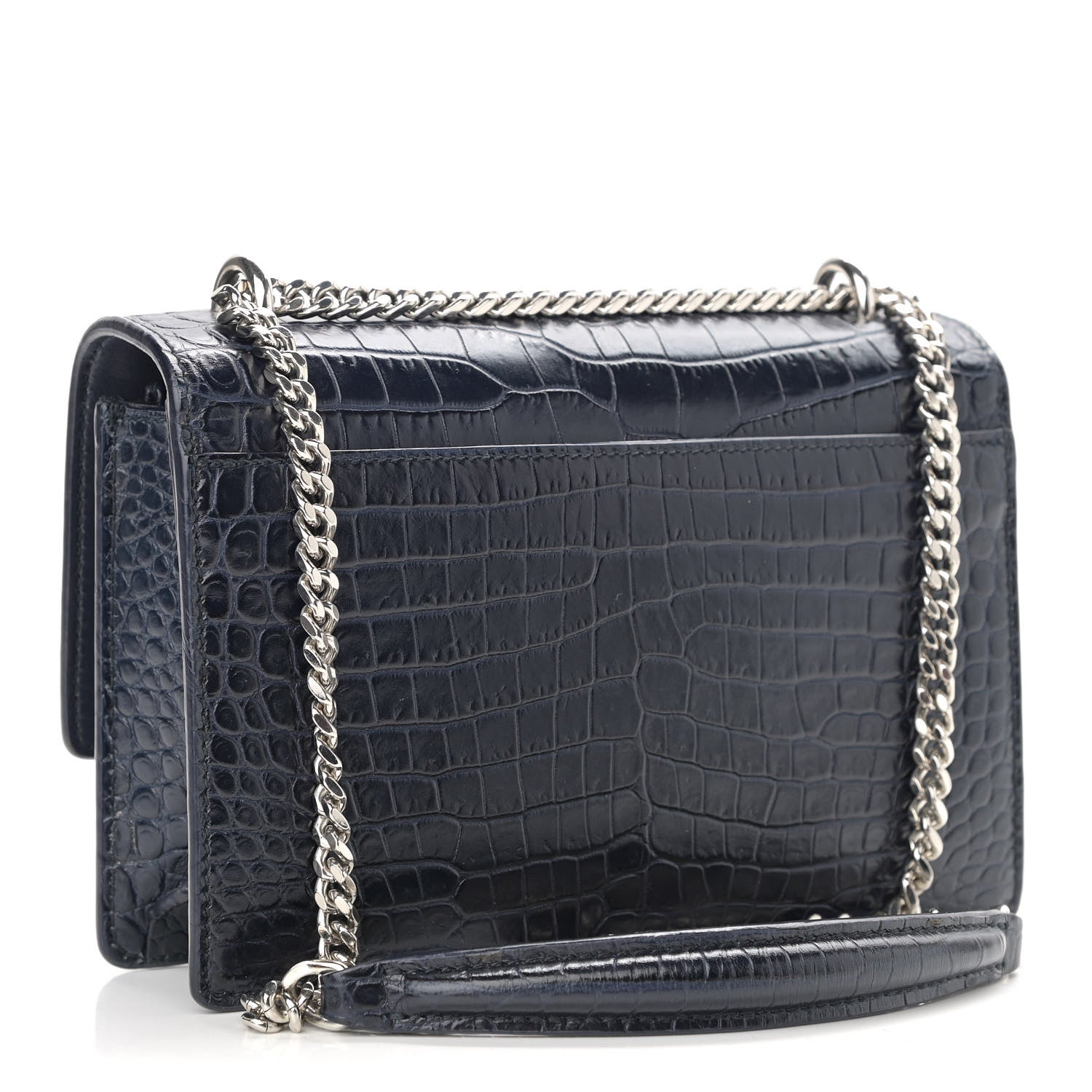 Saint Laurent Calfskin Crocodile Embossed Monogram Sunset Chain Wallet Navy 3 of 15
